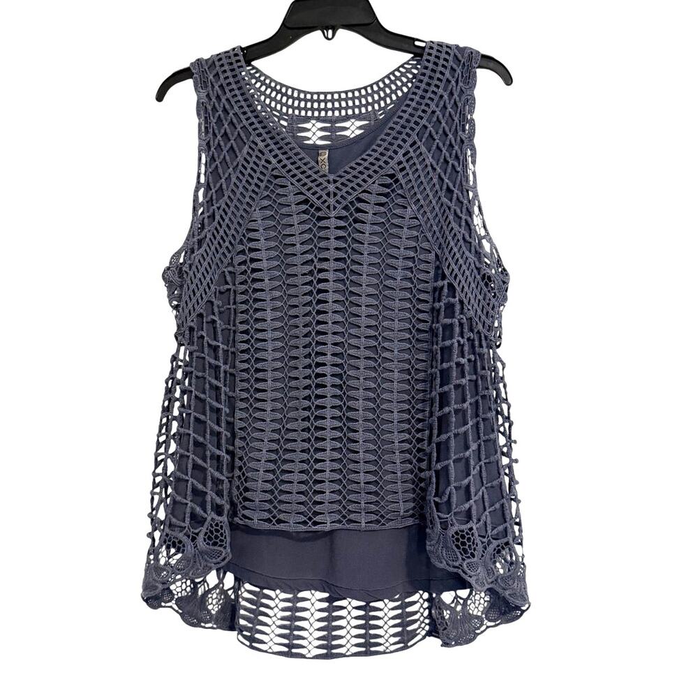 XCVI Blue Crochet Overlay Cotton Sleeveless Tank Top Size Small - Picture 2 of 6